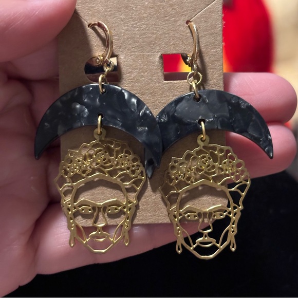 Frida Kahlo Diecut Earrings with Black Resin Crescent Moon Accent - Gold Closure - Picture 6 of 10